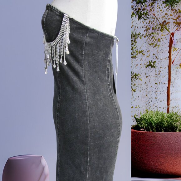 CLOUD TEN LADIES BLACK DENIM BLINGED BODY CON DRESS NWT - Picture 5 of 12